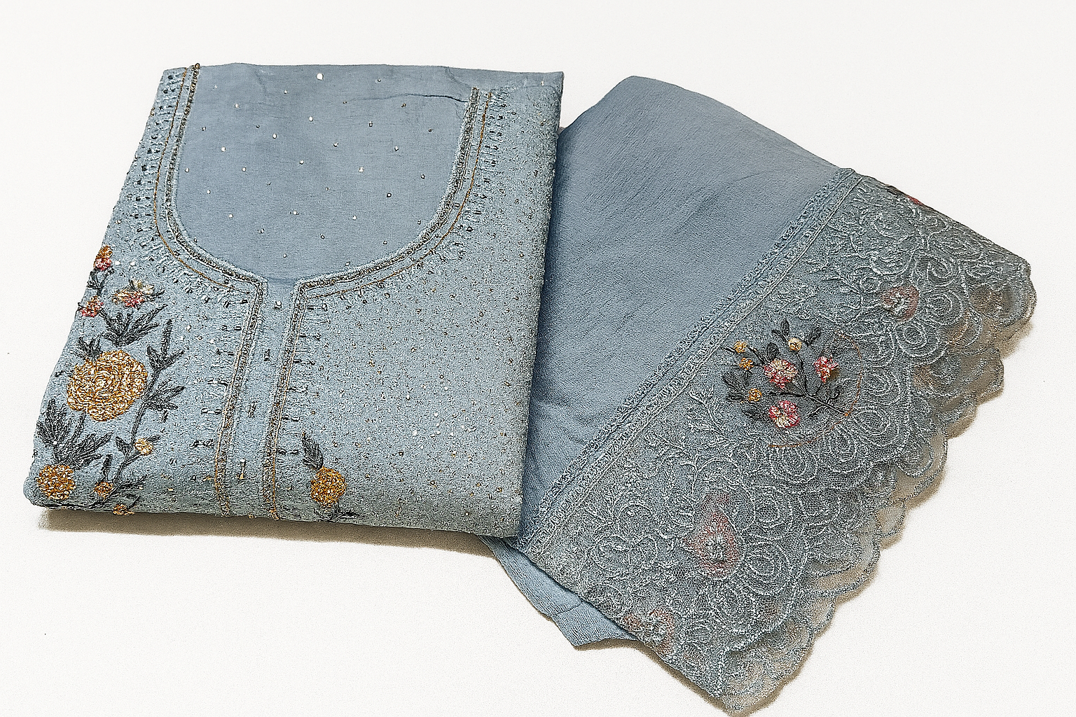 Soft Grey Embroidered Crap Pakistani Unstitched Suit Set